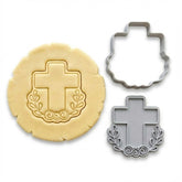 Elegant Wreathed Cross Cookie Cutter & Stamp | Food-Grade PLA