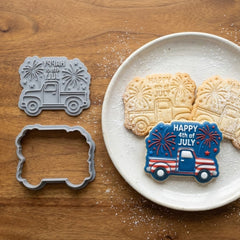 Happy 4th Of July Truck Cookie Cutter & Stamp | Food-Grade PLA