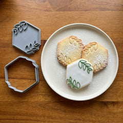 Hexagon with Leaf Sprigs Cookie Cutter & Stamp | Food-Grade PLA