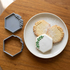 Hexagon with Corner Leaf Sprig Cookie Cutter & Stamp | Food-Grade PLA