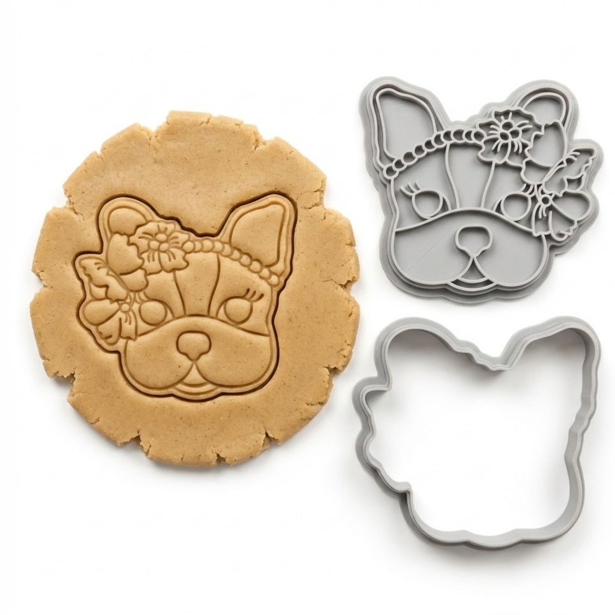 Floral Frenchie Cookie Cutter & Stamp Set | Food-Grade PLA