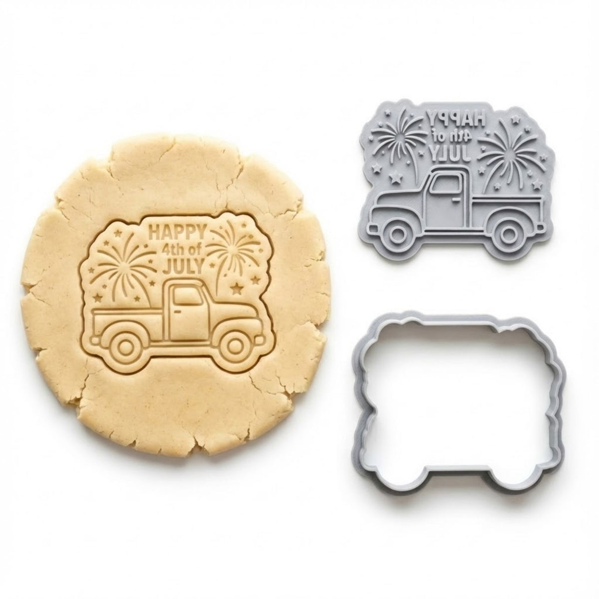 Happy 4th Of July Truck Cookie Cutter & Stamp | Food-Grade PLA