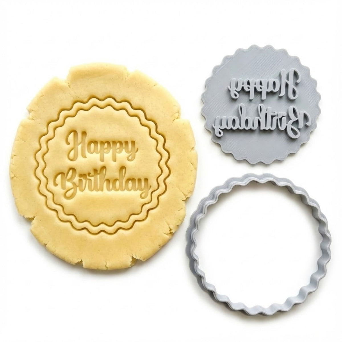 Happy Birthday Scalloped Plaque Cookie Cutter & Stamp | Food-Grade PLA