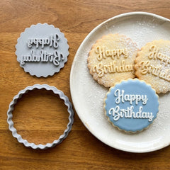 Happy Birthday Scalloped Plaque Cookie Cutter & Stamp | Food-Grade PLA
