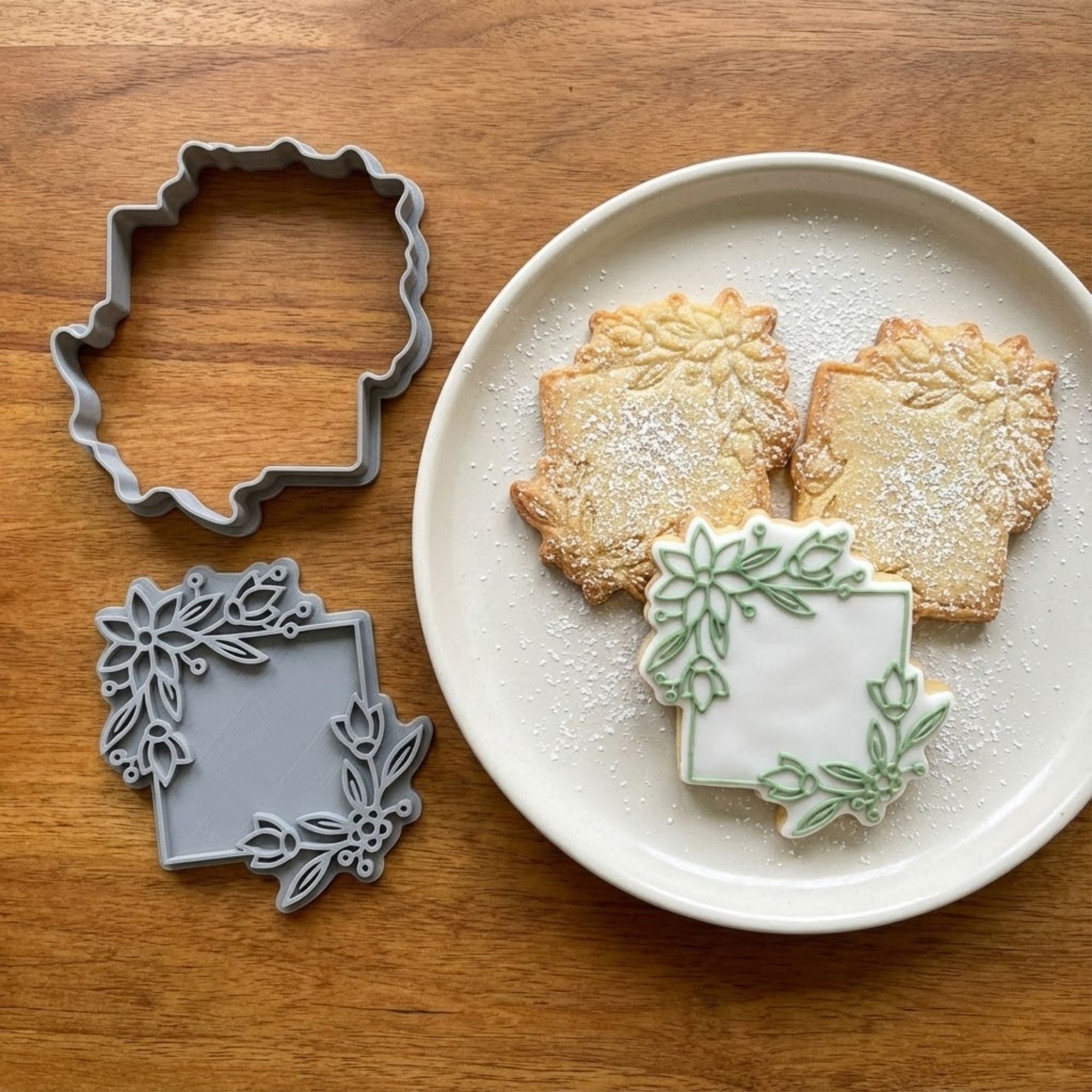 Elegant Floral Square Plaque Cookie Cutter & Stamp | Food-Grade PLA