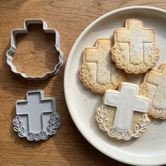 Elegant Wreathed Cross Cookie Cutter & Stamp | Food-Grade PLA