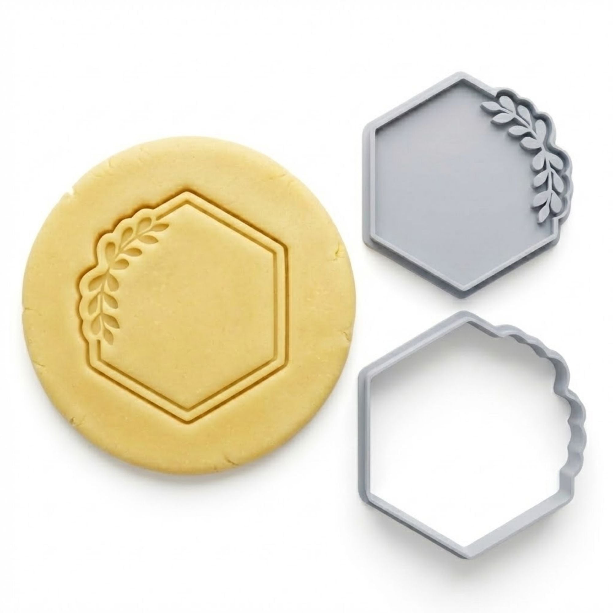 Hexagon with Corner Leaf Sprig Cookie Cutter & Stamp | Food-Grade PLA