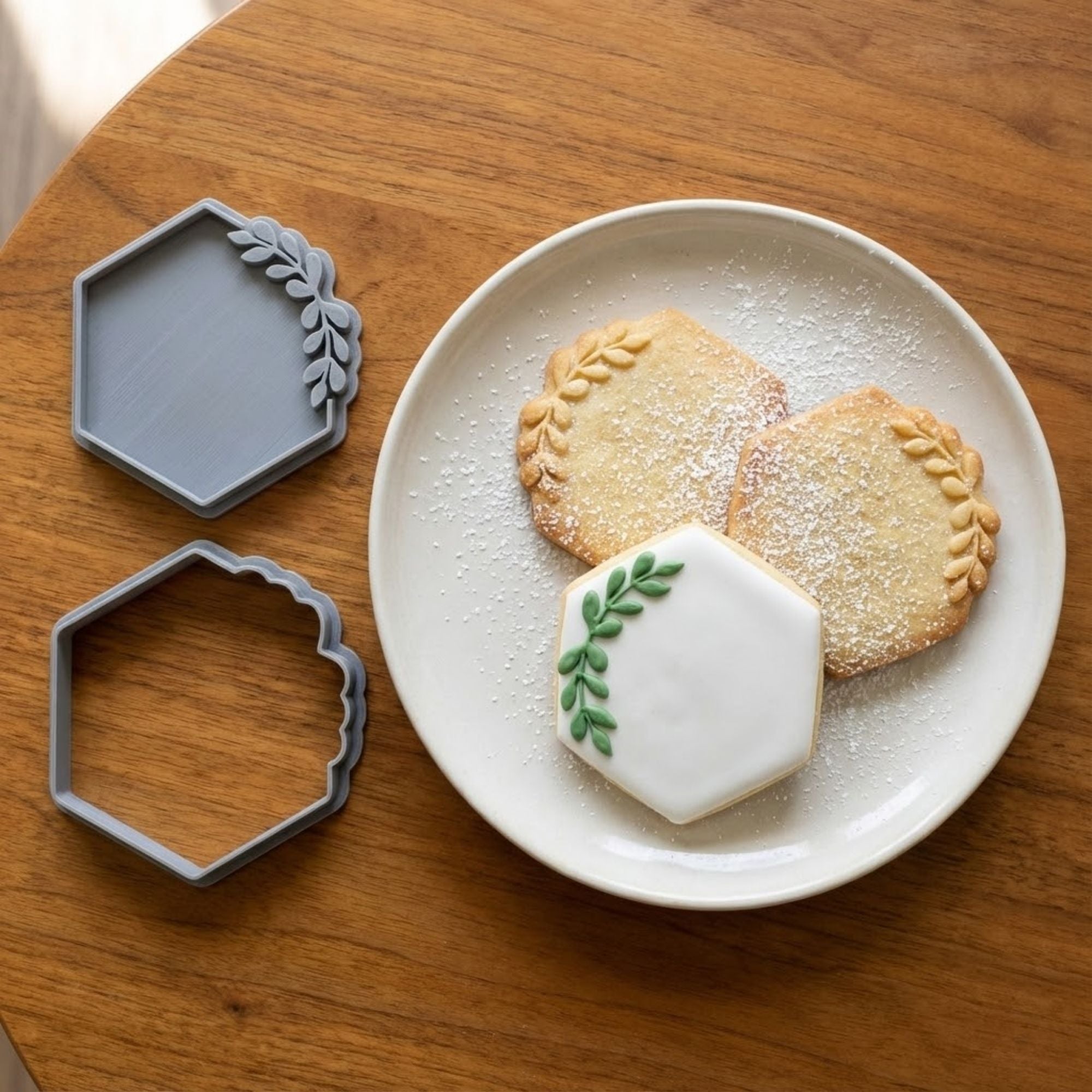 Hexagon with Corner Leaf Sprig Cookie Cutter & Stamp | Food-Grade PLA