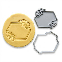 Hexagon with Stylized Leaf Sprigs Cookie Cutter & Stamp | Food-Grade PLA
