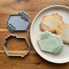 Hexagon with Stylized Leaf Sprigs Cookie Cutter & Stamp | Food-Grade PLA