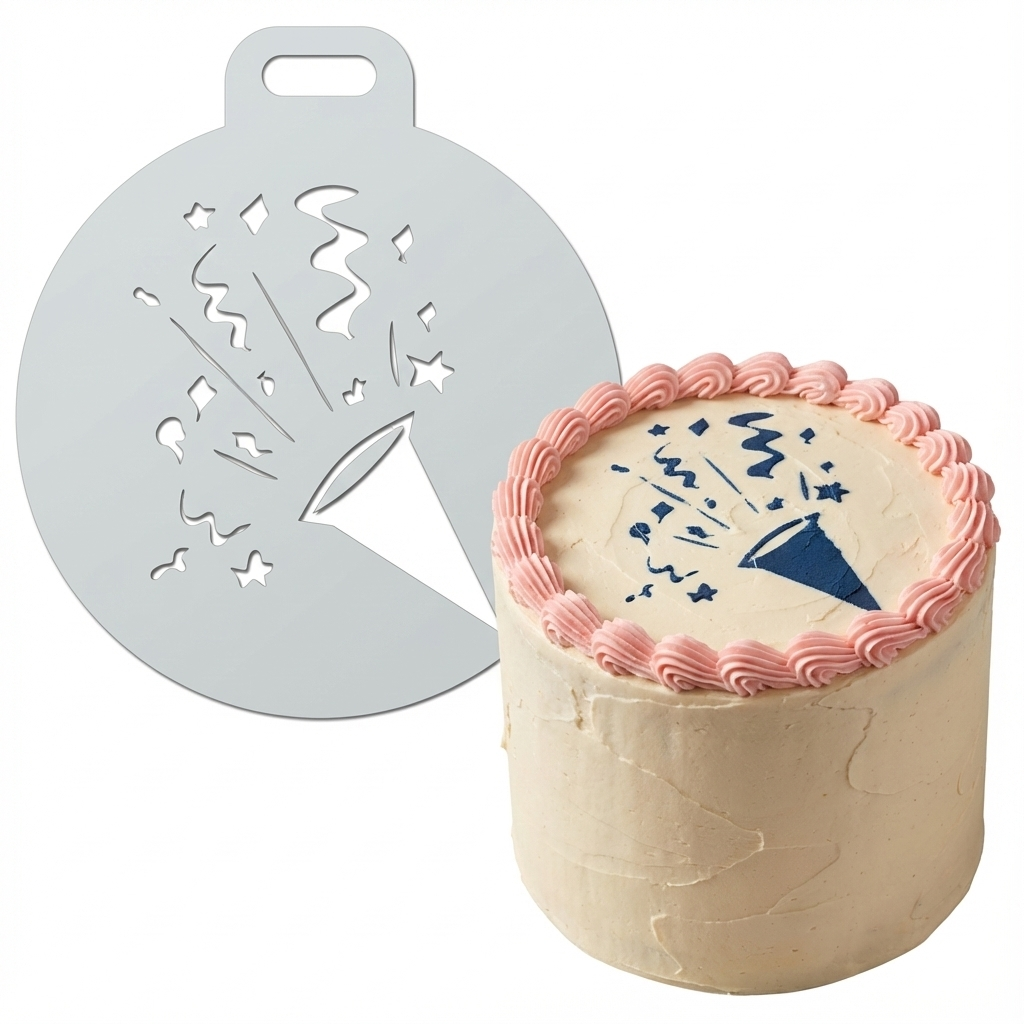 Popper Burst with Streamers | Round Cake Top Stencil – Reusable Cake Decorating Stencil