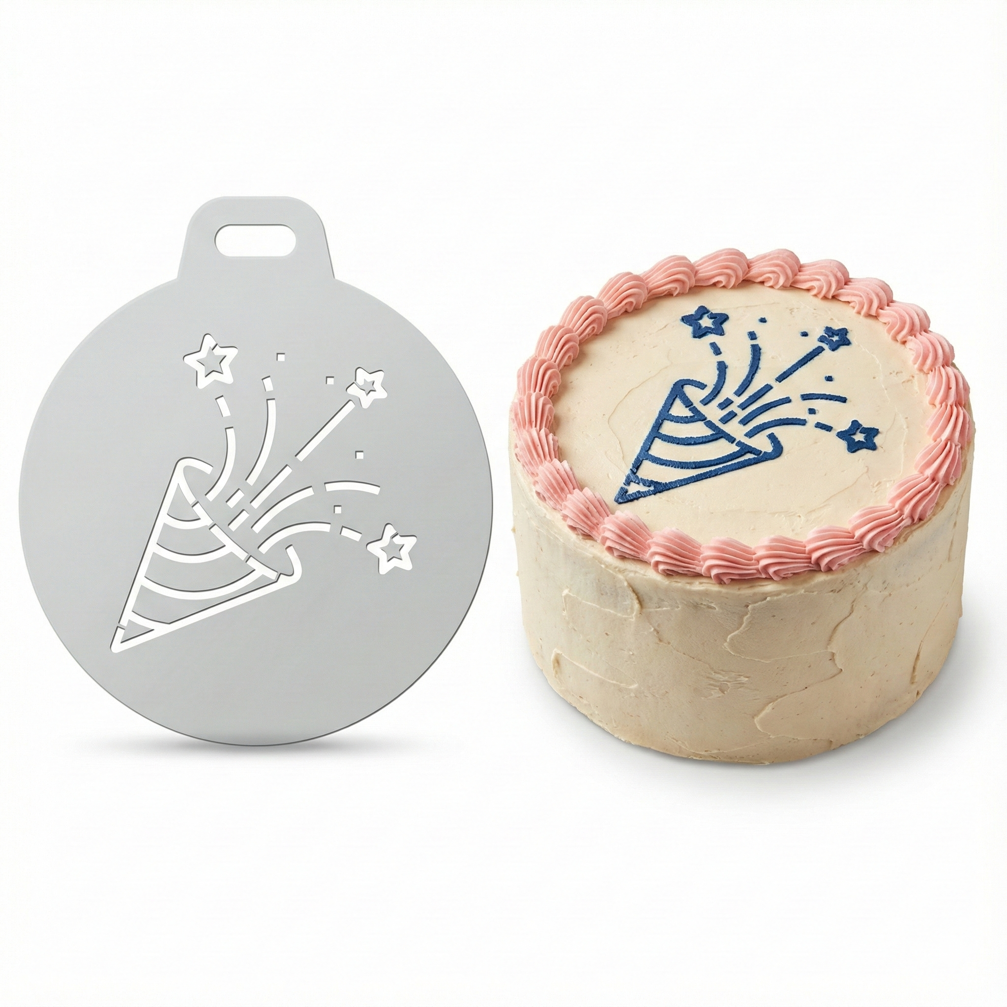Stars & Party Popper | Round Cake Top Stencil – Reusable Cake Decorating Stencil