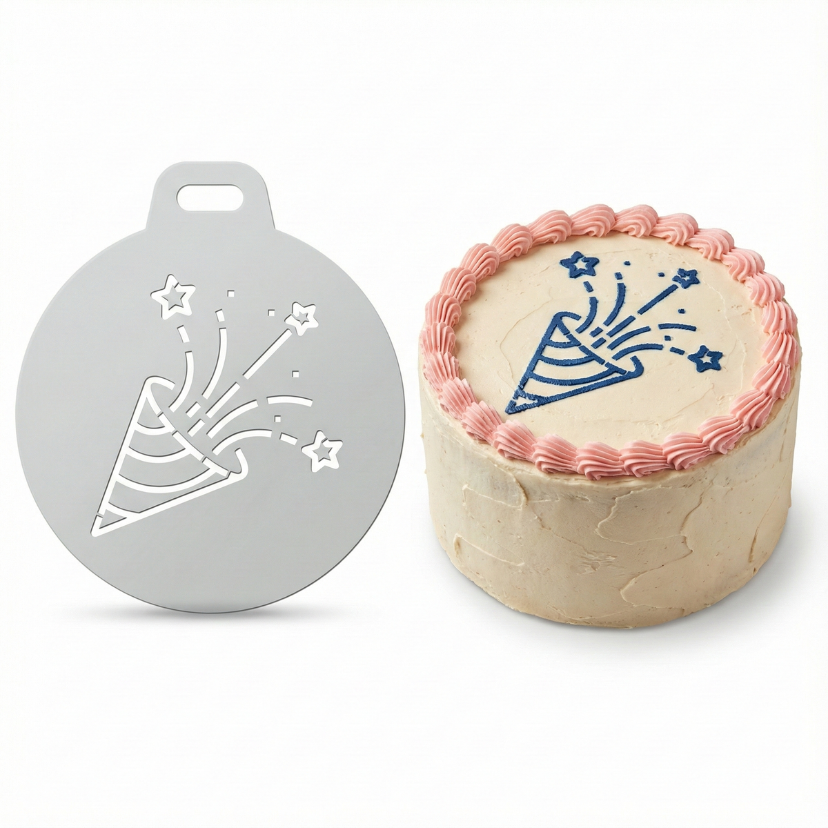Stars & Party Popper | Round Cake Top Stencil – Reusable Cake Decorating Stencil