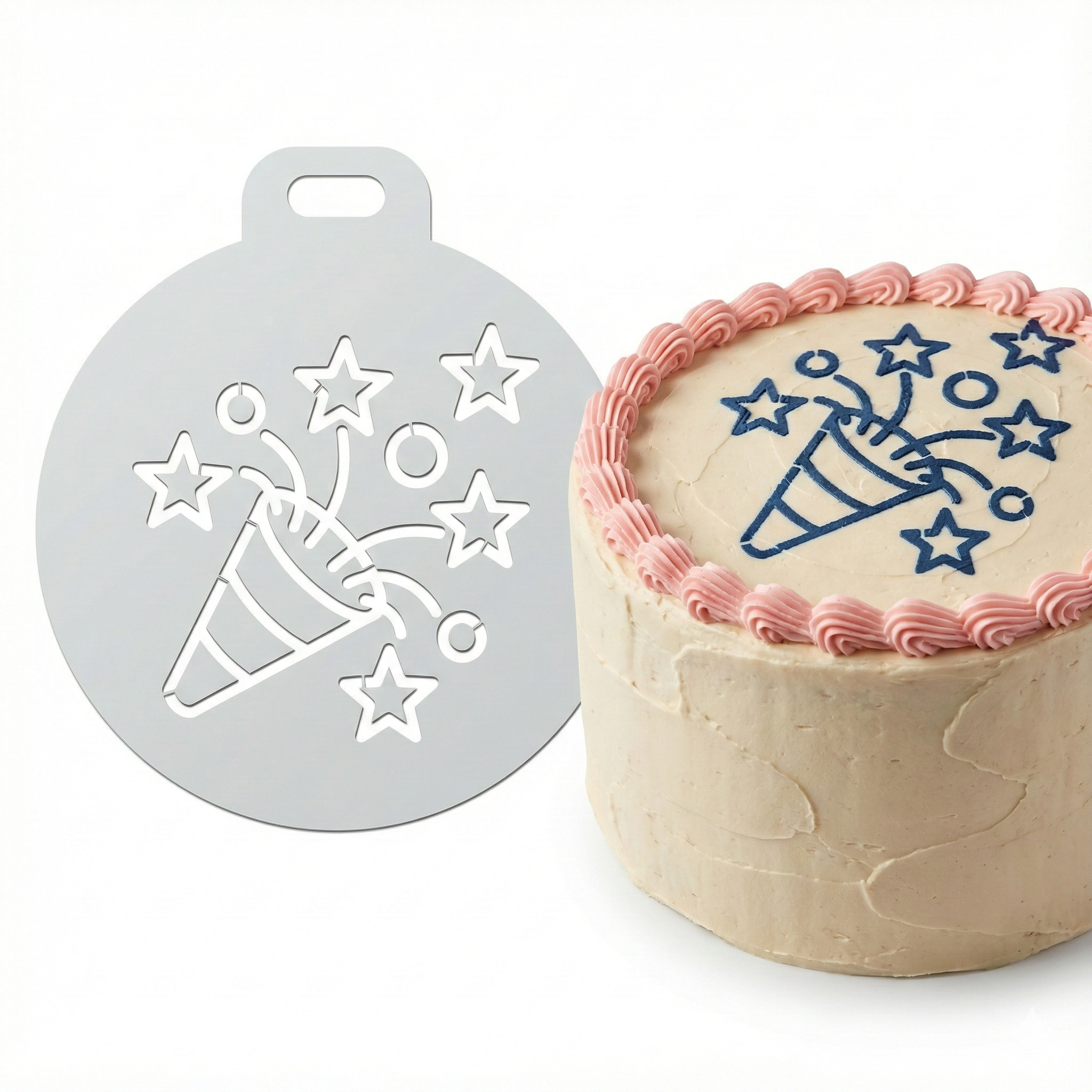 Stars and Party Popper | Round Cake Top Stencil – Reusable Cake Decorating Stencil