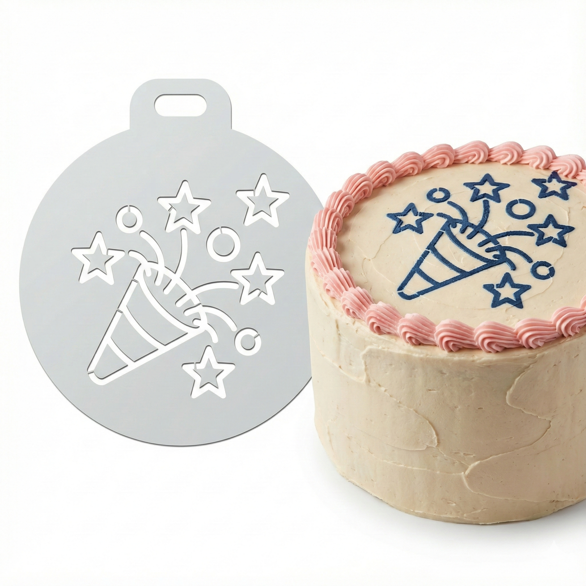 Stars and Party Popper | Round Cake Top Stencil – Reusable Cake Decorating Stencil