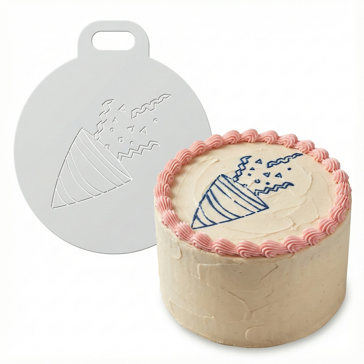 Party Popper with Streamers | Round Cake Top Stencil – Reusable Cake Decorating Stencil