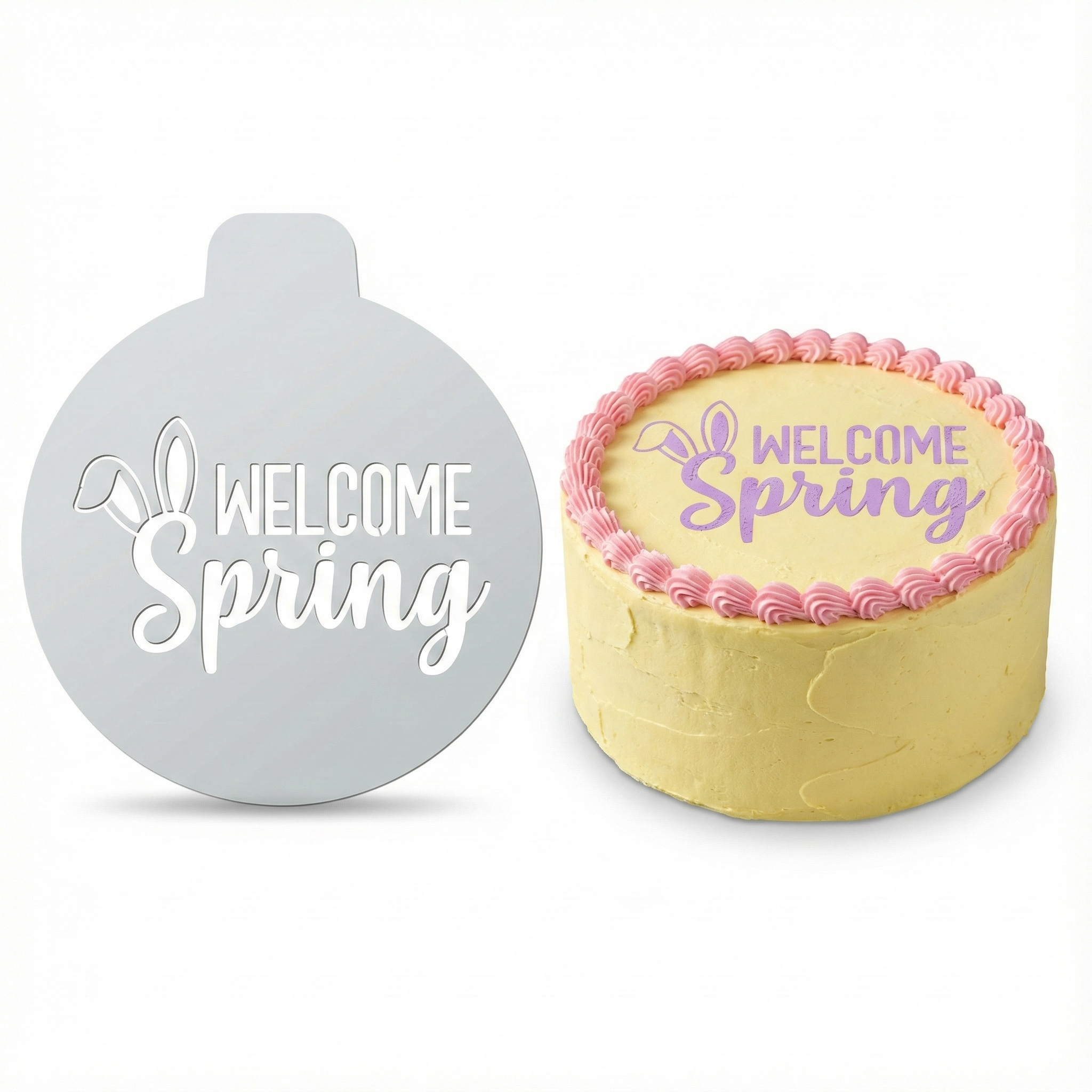 Welcome Spring Bunny Ears | Round Cake Top Stencil – Reusable Cake Decorating Stencil
